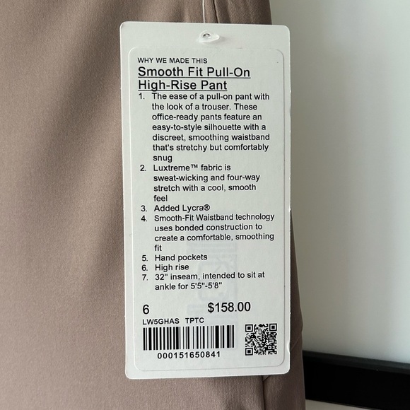 [6] NWT 2024 Lululemon Athletica Smooth Fit Pull On High Rise Pant Taupetastic - Picture 11 of 11